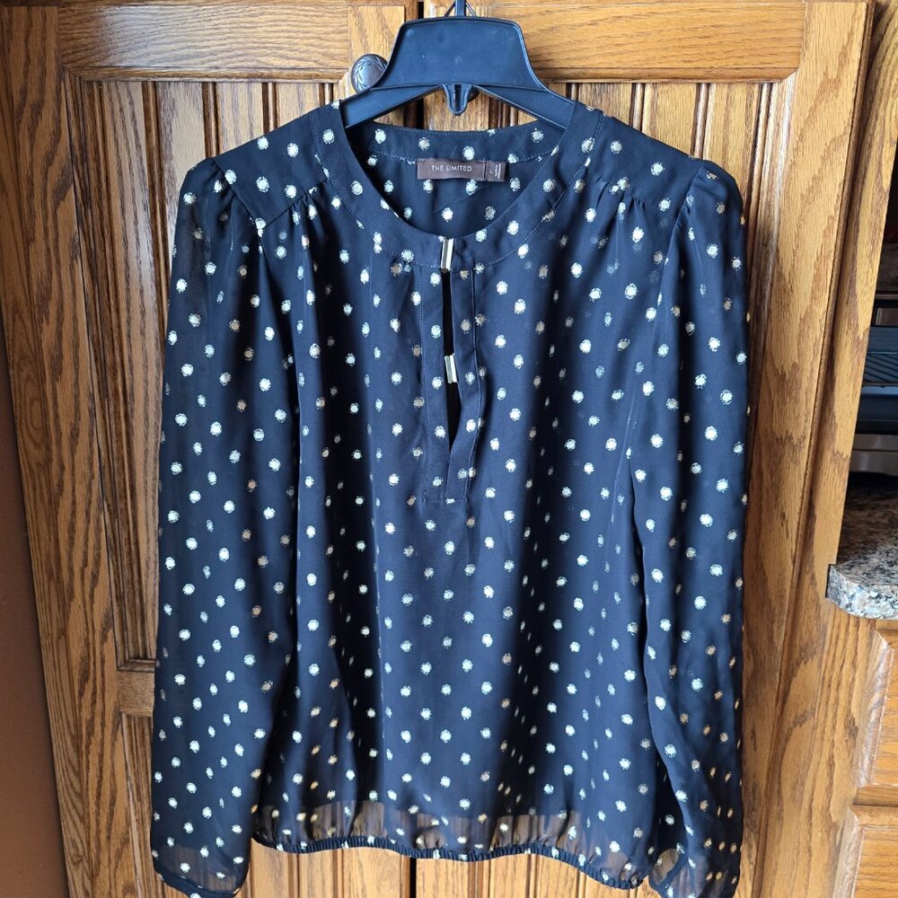 The Limited Semi-sheer Black Top with Metallic Gold Polka Dots, size L, EUC